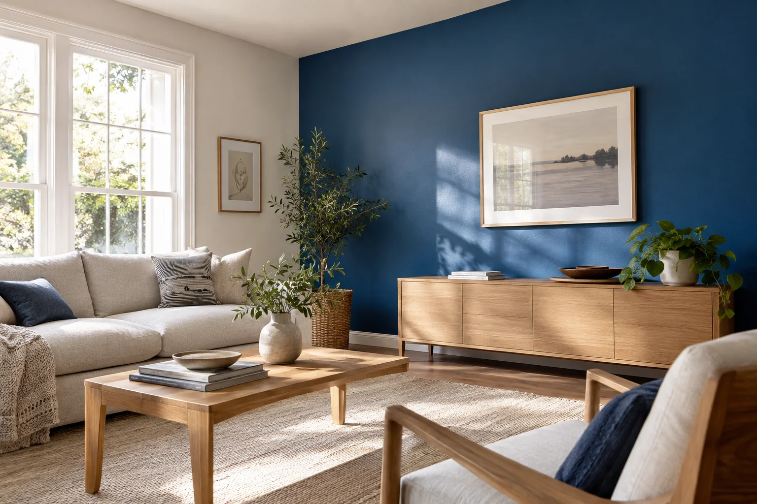 Colour inspiration: a sunlit living room with a freshly painted blue wall, pale sofa, and oak furniture